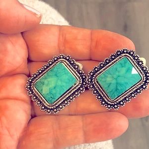 Green rectangular earnings with silver boarder new clips